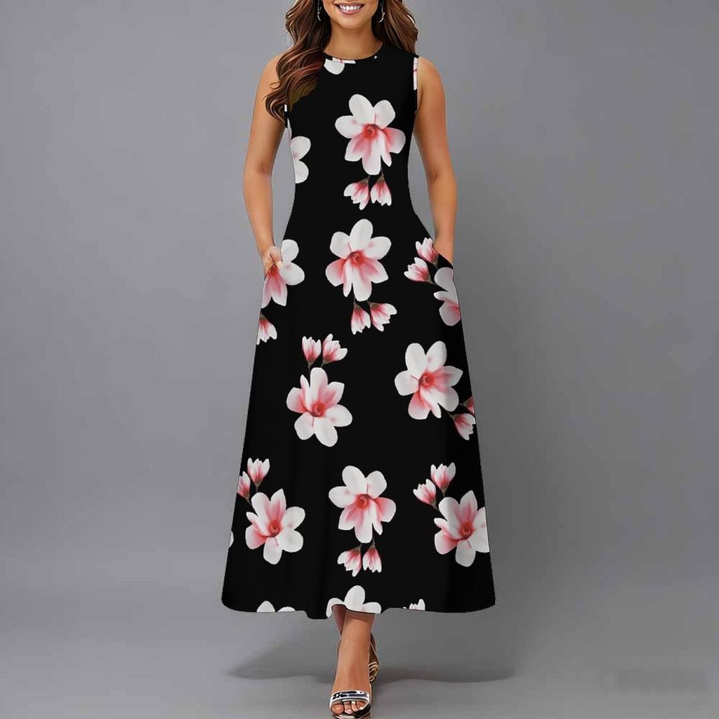 Oversized Women Sleeveless Round Neck Dress Dense Floral Printed Flowy Mid Calf Gown