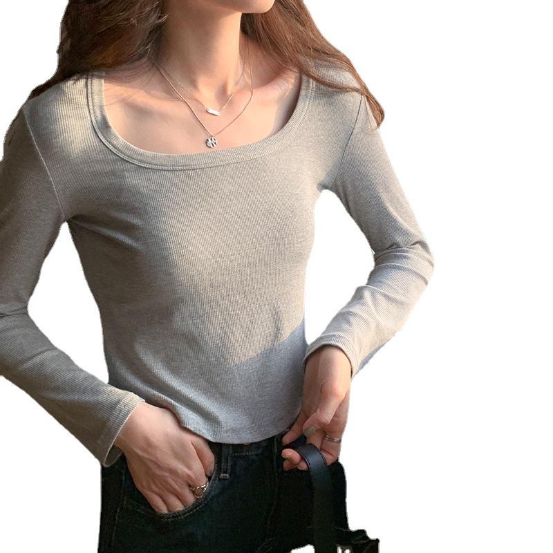 Solid Color Low-cut Square-neck Tight-fitting Bottoming Shirt for Women Spring New Slim-fitting Long-sleeved T-shirt Short Inner Top