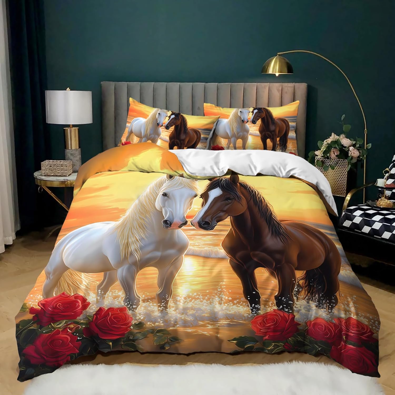 Filtration Facilities Unisex Horse Soft Duvet Cover Buterfly Floral Warm Comforter Cover Microfiber Western Farm Animals Beding Set King For Children Kids Young Girls Bedrom Decor