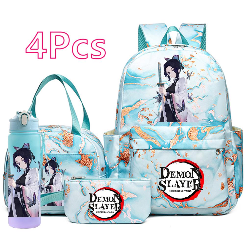 4-teiliges Set mit aufgedrucktem Demon Slayer-Cartoon-Rucksack, Handtasche, Federmäppchen und 750-ml-Trinkflasche für Teenager (Jungen und Mädchen) – große Kapazität, wasserdichter Schulrucksack