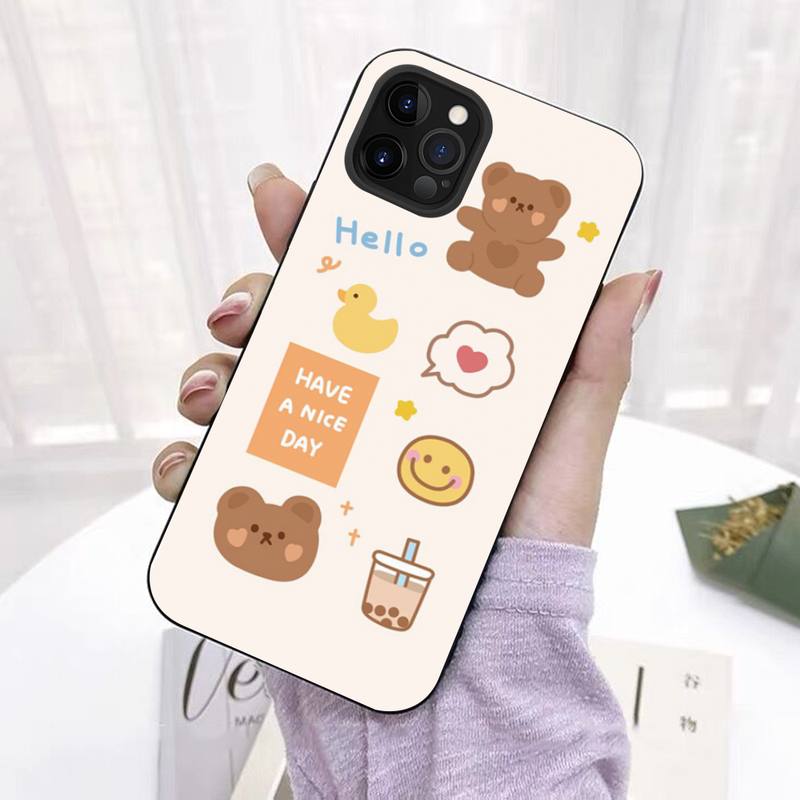 INS Korea Cute Cartoon Happy Bear Phone Case for iPhone 11 12 13 Mini Pro Max 8 7 6 6S Plus X 5 SE 2020 XR XS Funda Case