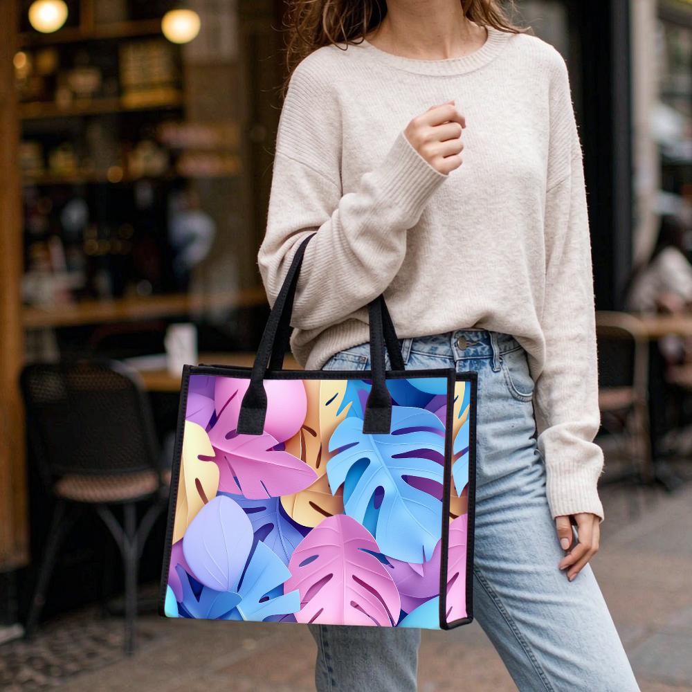 Trendy Tropical Leaf Printed Tote Bag Casual Large Capacity Reusable Daily Shoulder Bag for Women