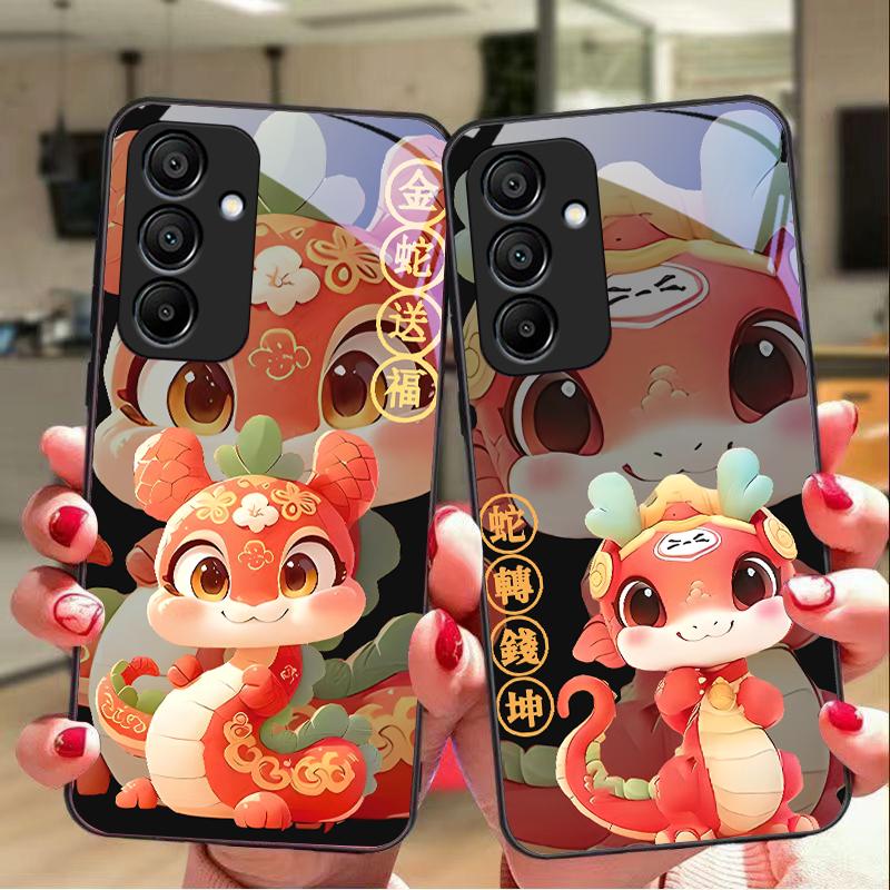 New Cartoon Snake For Samsung Galaxy A15 5G 54 4G 51 50 24 35 90 71 12 51 53 52S 80 22 34 Black Tempered Glass Phone Case