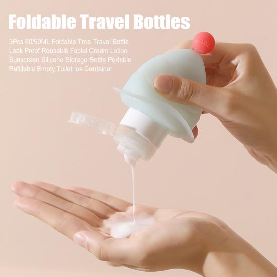 3Pcs 60/90ML Foldable Tree Travel Bottle Leak Proof Reusable Facial Cream Lotion Sunscreen Silicone Storage Bottle Portable Refillable Empty