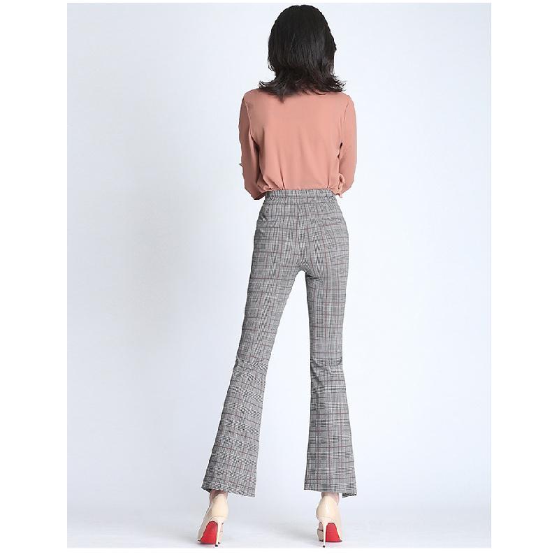 Plaid Flared Pants New Women's Nine-Quarter Pants 2026 Spring Elastic High-Waisted Slim-Fit Flared Pants with Slits