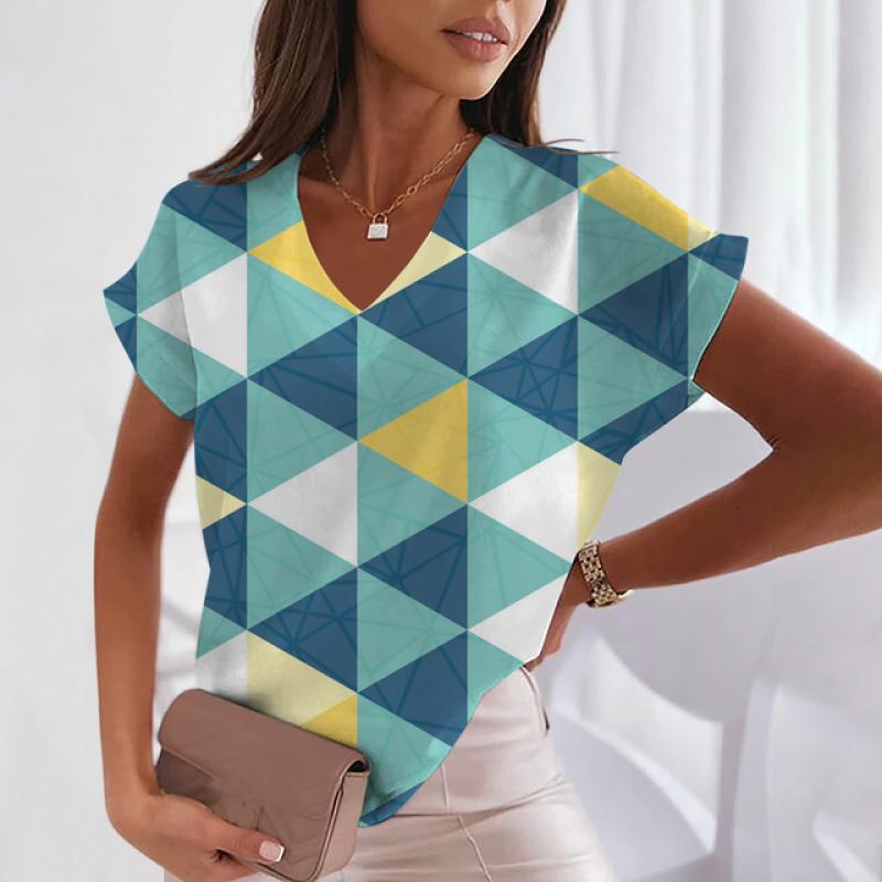 Women's T-Shirt Geometric Tees V-neck Striped Female Short Sleeve Casual Streetwear New T-shirts Fashion Y2k Girl Clothes