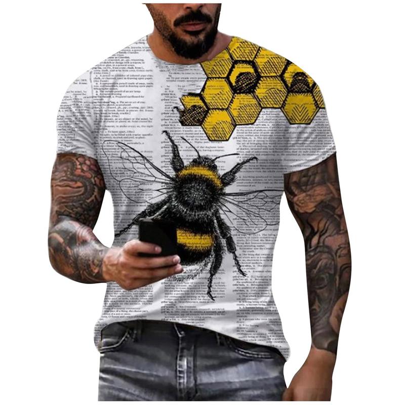 Summer Round Neck Honey Bee 3D Print Top Fashionable Casual Short Sleeved Men's T-shirts