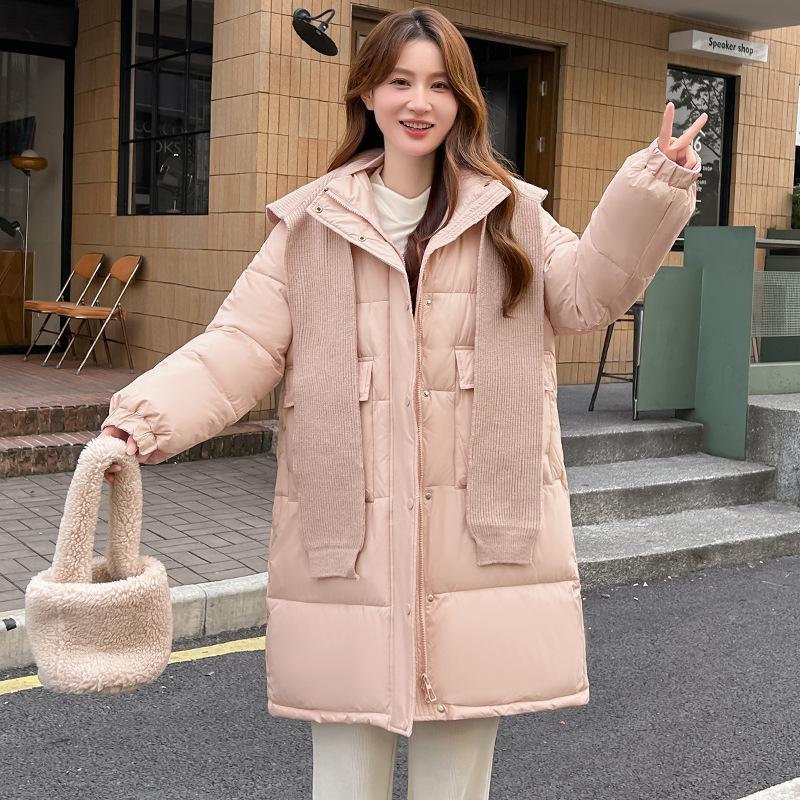 Down cotton jacket women's winter mid-length padded jacket loose knitted shawl thickened cotton jacket 2025 new coat