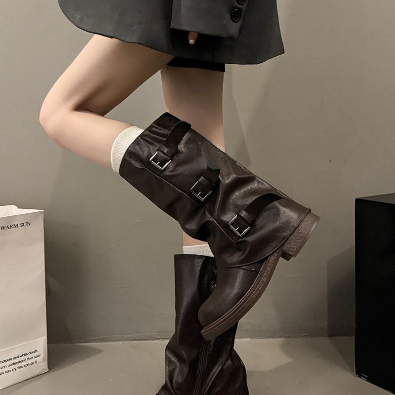 Retro Trouser Boots Long Boots Women's 2025 Autumn New Tall Pleated Piled Boots Spice Girl British Style Knight Boots