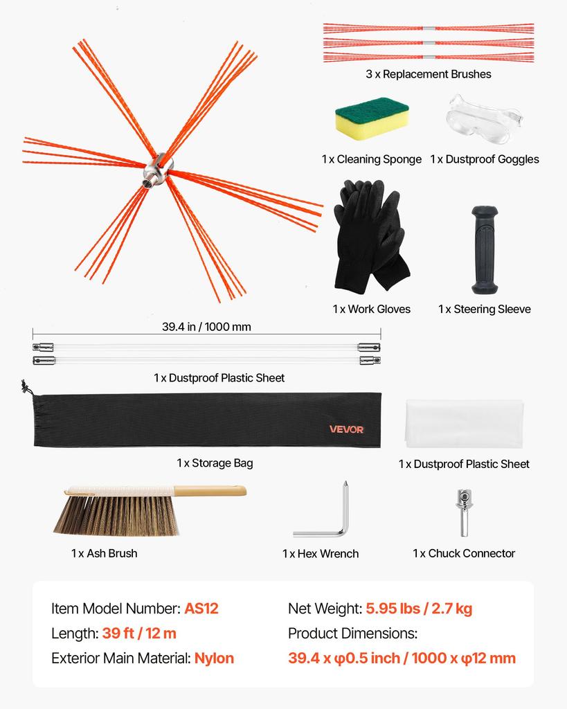 VEVOR Chimney Sweep Kit, 12m Maximum Extendable Length Chimney Sweep, Chimneys Cleaning Kit with Bristle Replacements & Goggles