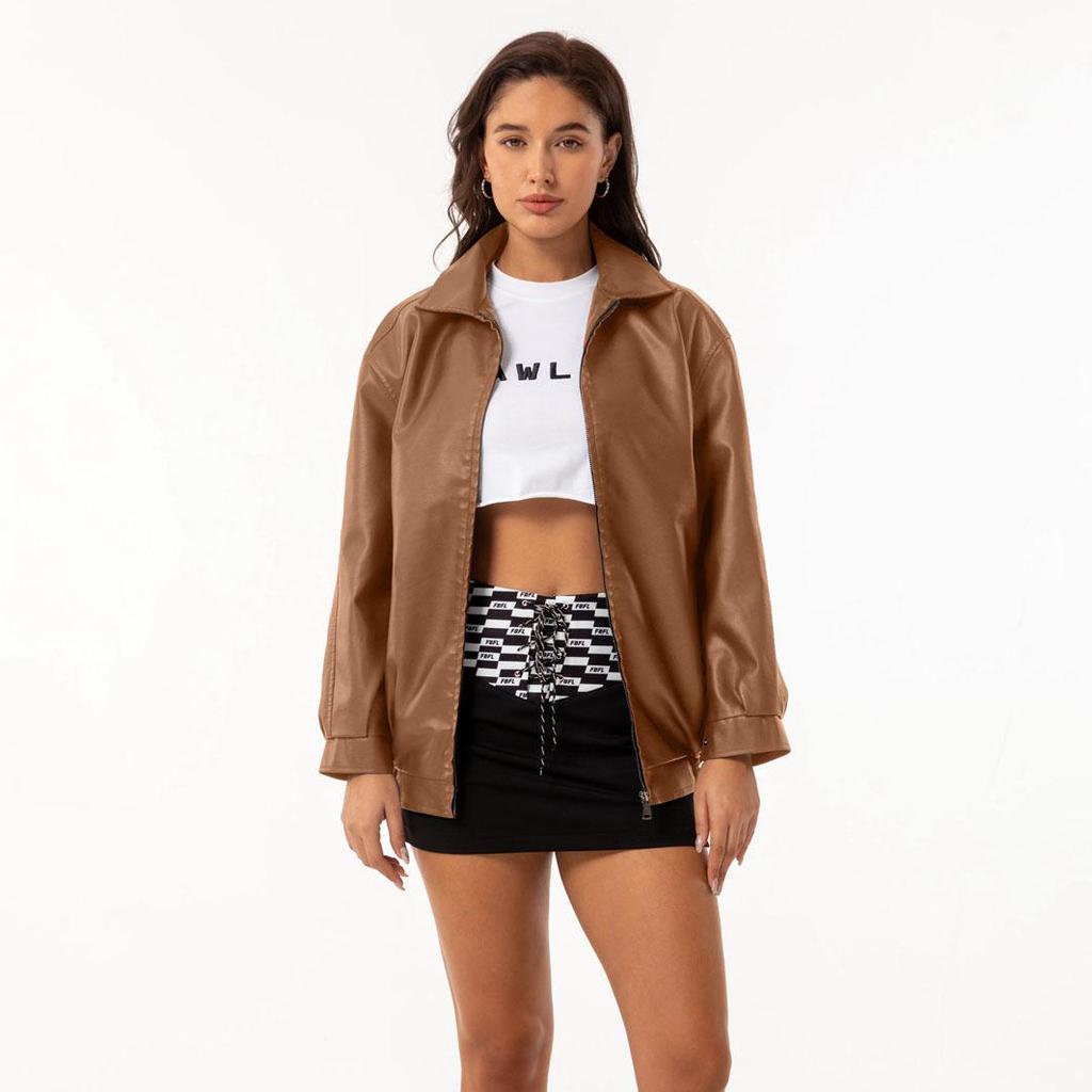 Fall Winter Women Lapel Collar Long Sleeve Slim Fit Zipper Pu Leather Jacket