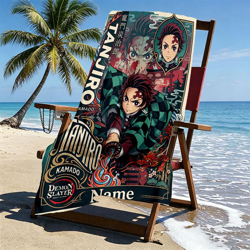 Custom Name Personalized Demon Slayer Anime Print Beach Towel, for Trip Camping Beach Party Home Decor, Birthday Gift for Family & Friends