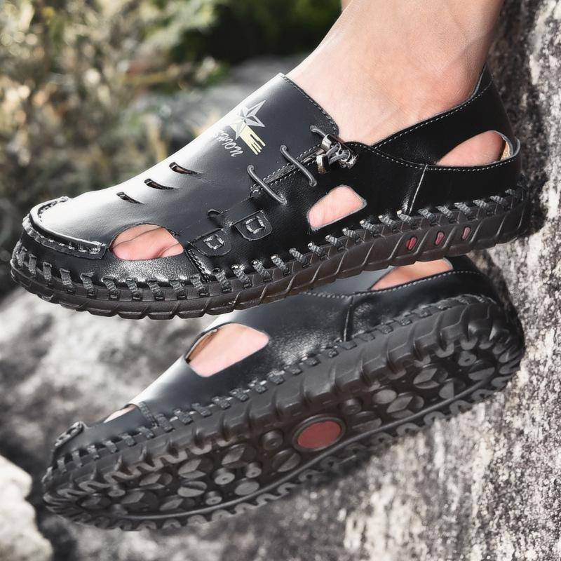 Plus Size Beach Men's Leather Shoes Closed Toe Leather Sandals Casual Hole Summer Cowhide Slippers Summer