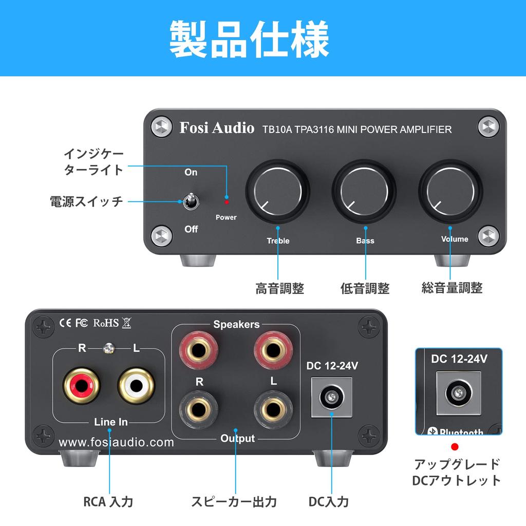 Fosi Audio TB10A 100W x 2 Leistungs-Stereo-Audioverstärker TPA3116 Mini-Klasse-D-Vollverstärker für Heimlautsprecher mit Bass- und Höhenreglern