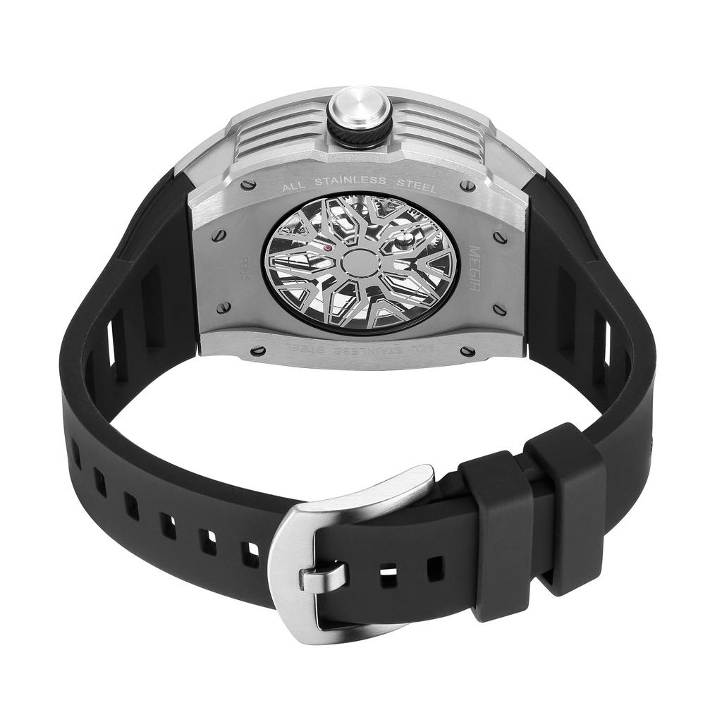 Megir Herre Automatisk Mekanisk Klokke Vanntett Utsparing Silikonrem Sport Armbåndsur Klokke Reloj Hombre 8604