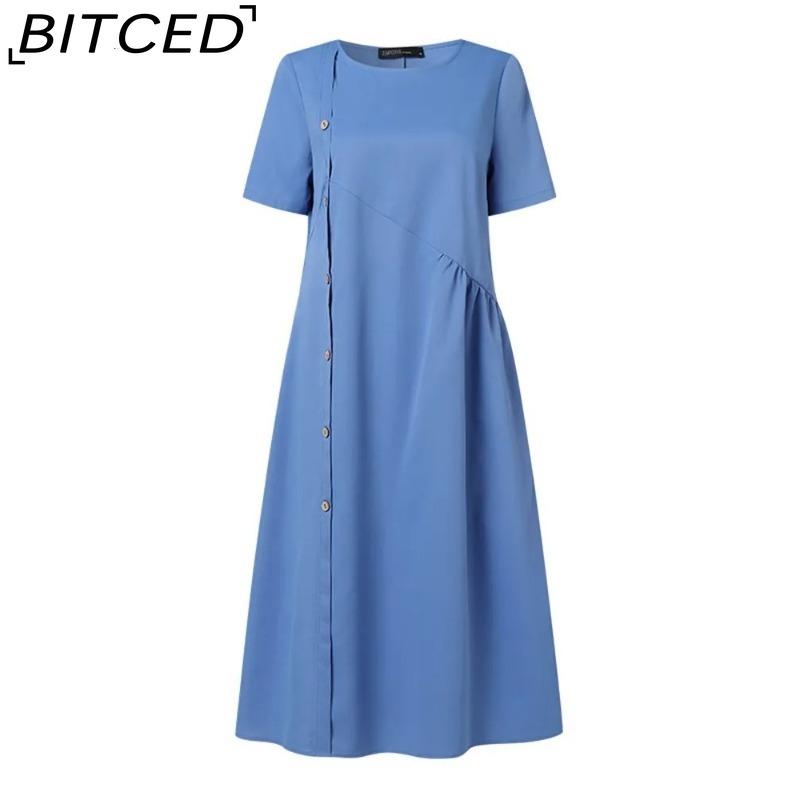 BITCED Women's Fashion Summer Spring Solid Color Print Short Sleeve O-Neck High Waist Casual Dresses