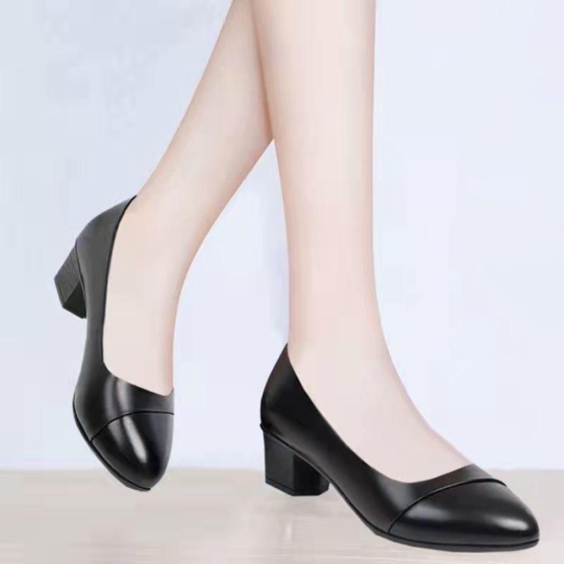 Soft Leather Single Shoes Women's Low-heeled Spring and Summer Soft-soled Comfortable Non-slip Fashion Leather Shoes Women's Shoes Mid-heel Work Shoes