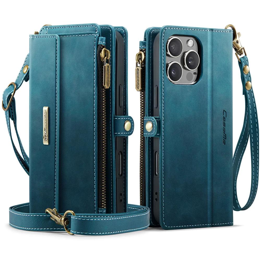Retro Crossbody Zipper Purse Case for IPhone 17 Air 16 15 14 13 12 11 Pro Max XR XS PU Leather Vintage Card Slots Wallet Cover