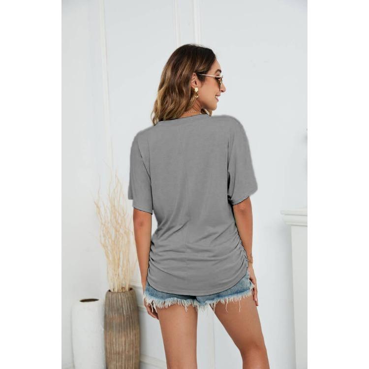 GMXIA Women's Solid Color Bat-sleeve Side Pleated V-neck Short-sleeved T-shirt