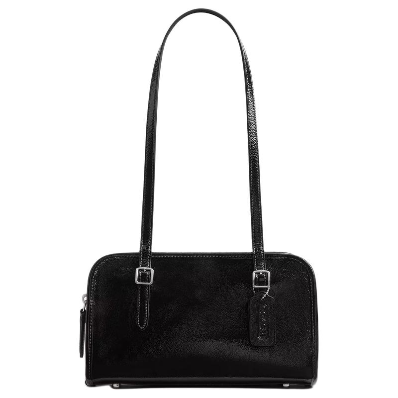 

COACH swing zip brand logo charm wrinkled patent leather shoulder bag medium women s black чорний