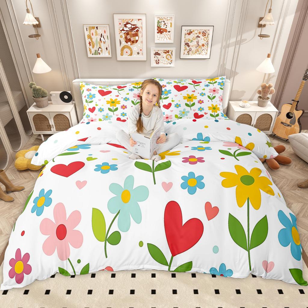 Homewish Cute Groovy Floral Duvet Cover Set for Girls, Vintage Butterfly Flower Bedding Set, Cartoon Blossom Comforter Cover Set