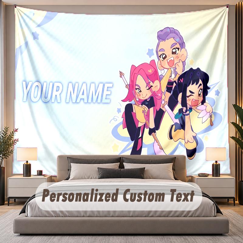 Custom Name Text Tapestry Kpop Demon Hunters Personalized Polyester Wall Tapestry For Bedroom And Room