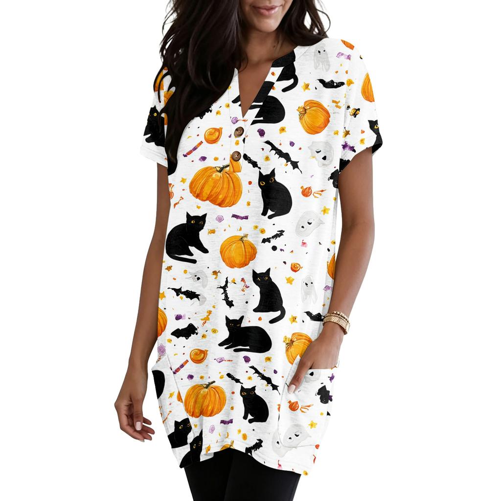 Women V Neck Pullover Dress Short Sleeve Halloween Print Pocket Casual Loose Fit Tunic Dress