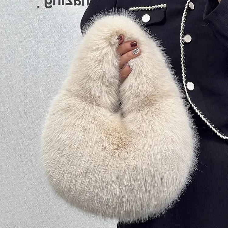 Winter Casual Flauschige Umhängetaschen für Damen Unifarbene Weiche Plüsch Damen Clutch Handtaschen Leichte Damen Hobo-Tasche sac