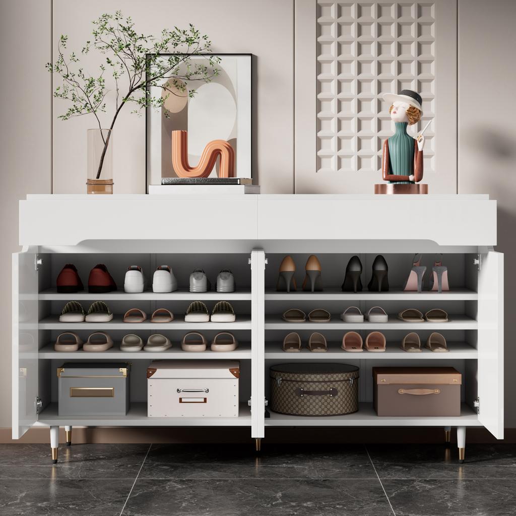 Un zapatero moderno con dos puertas, dos cajones, estantes ajustables y patas de color dorado. Ofrece espacio para 18–24 pares de zapatos.