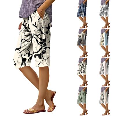 Women's Fashion Printed Pocket Elastic Waist Casual 5/10 Pants