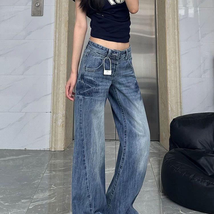 Spring-Summer Petite Retro Low Waist Micro Flare Jeans - Women's High Street Loose Slimming Pants