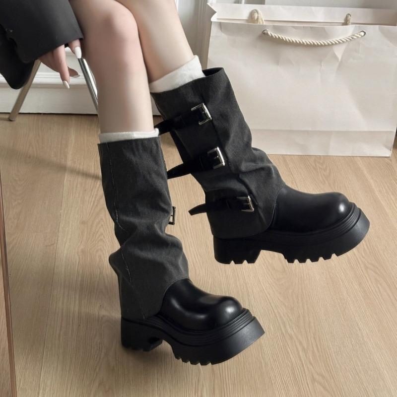 thick-soled belt buckle boots women's new autumn and winter trouser boots tall western cowboy knight boots