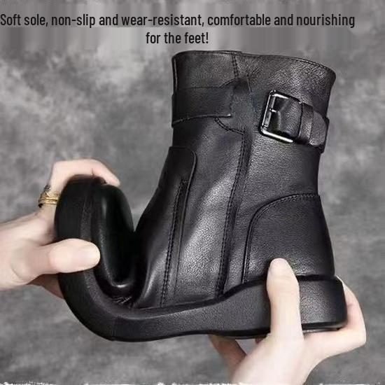 Dámské kotníkové boty v britském stylu z měkké kůže - Hřejivá sametová podšívka pro podzim a zimu