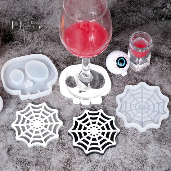 Halloween Coaster Resin Mold Skull Spider Web Tombstone Shape DIY Craft Epoxy Resin Casting Silicone Candle Cup Holder Candle Mould