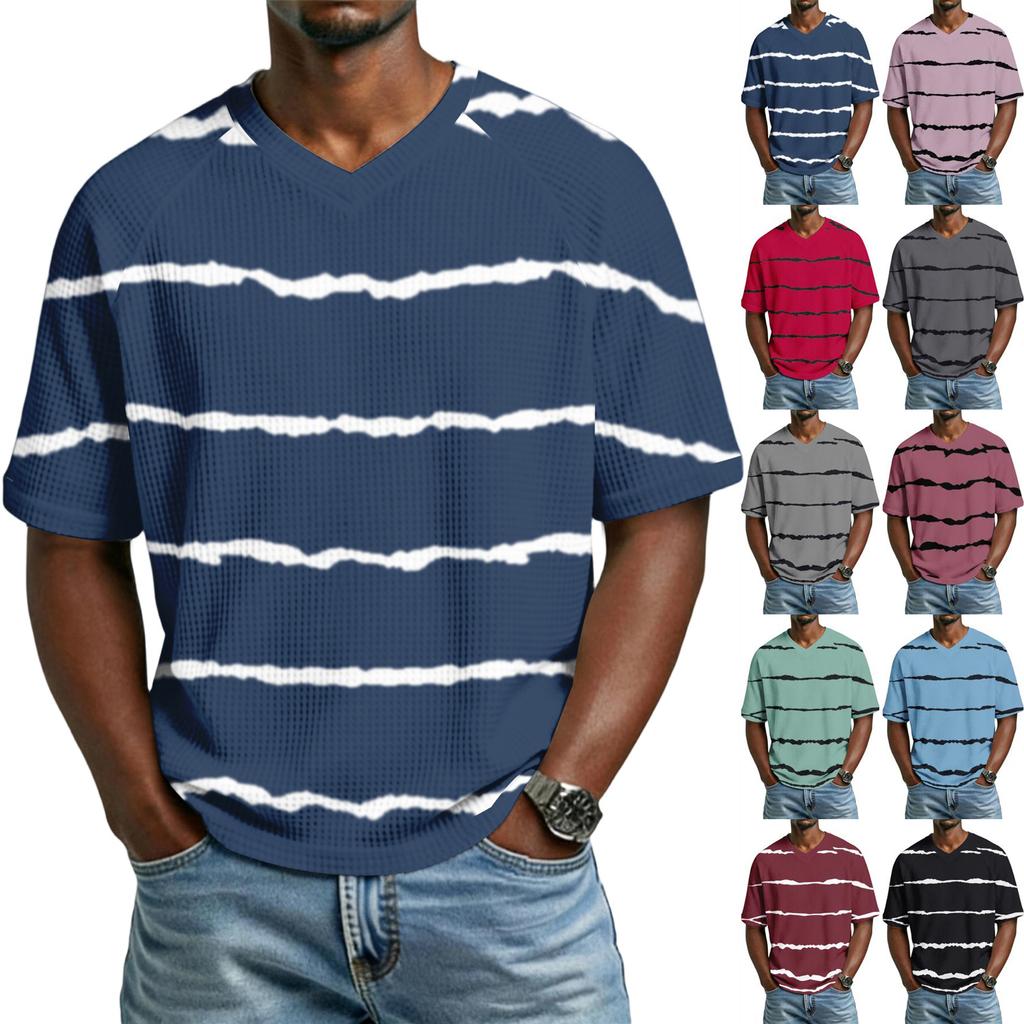 Men's Casual Stylish Striped Texture Printed Short-sleeved Shirt Men's Breathable V-neck Short-sleeved Top