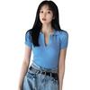 Women's t-Shirt Solid Color Turn-Down Collar Retro Fashion Top Short Casual Short-Sleeved Knitted Tshirt