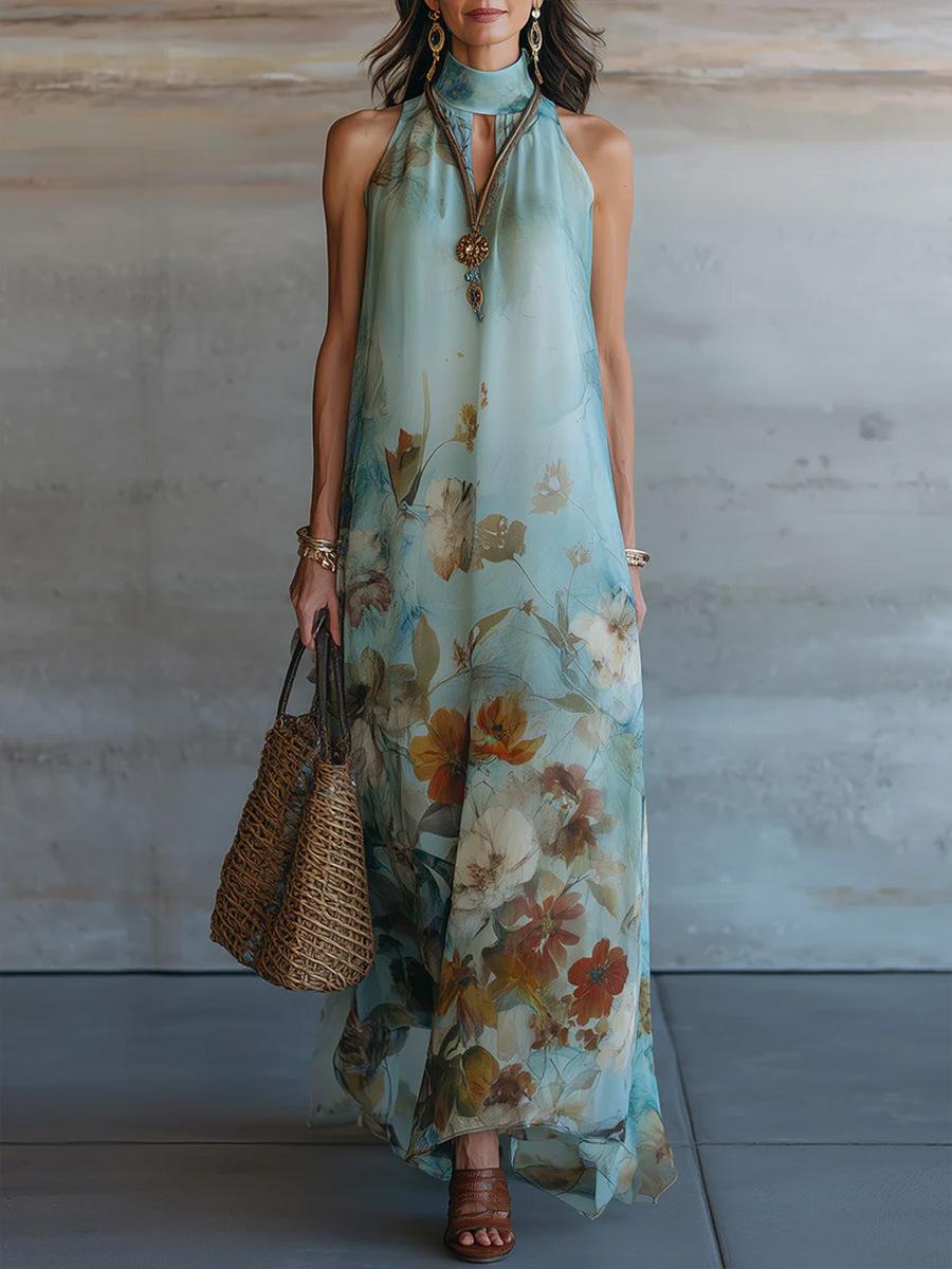 2026 summer new neck stand-up collar sleeveless floral holiday dress loose long large size women s clothing S