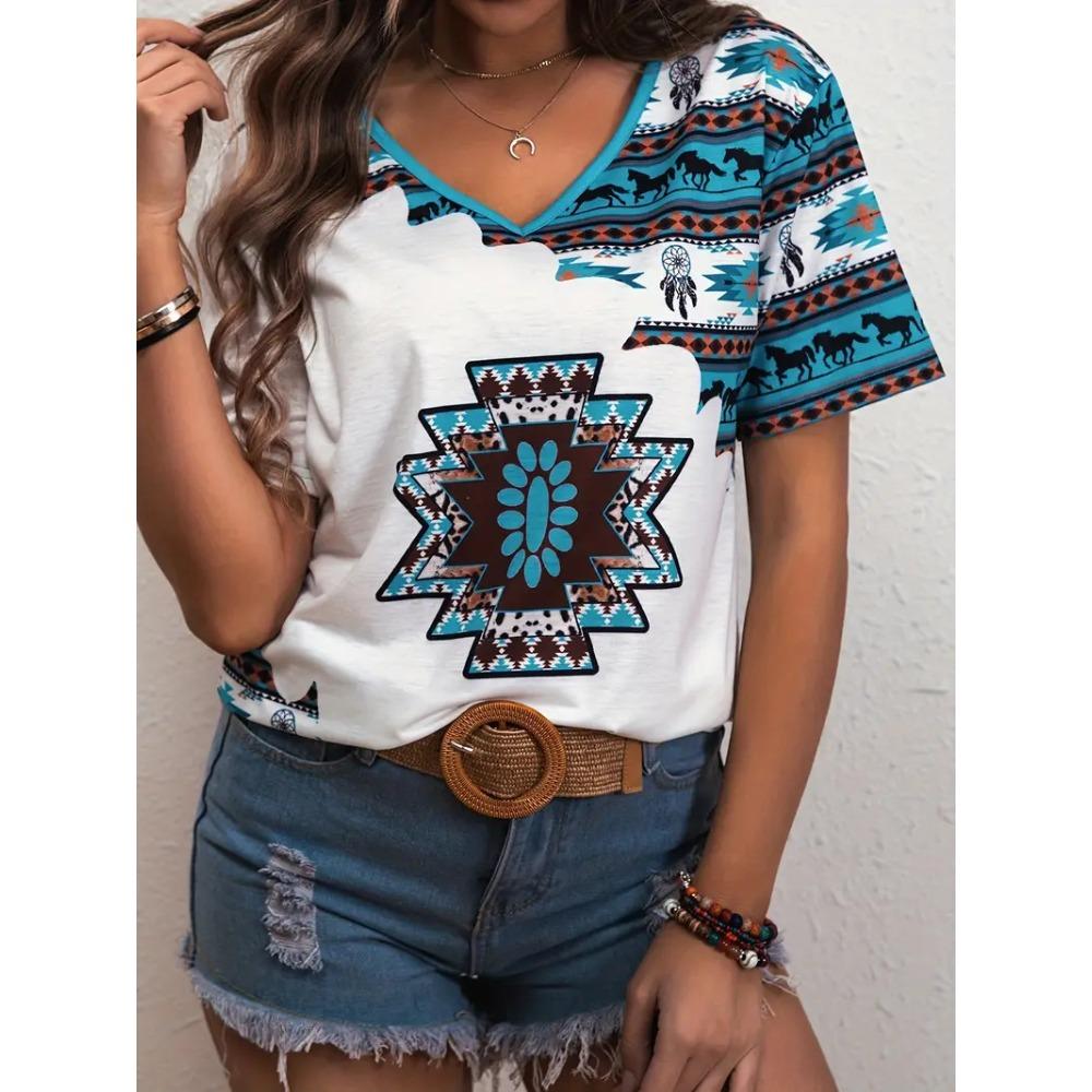 Summer Fashion 3D Personality Printed T-shirt Women's Loose Comfortable Soft Breathable V-neck Short Sleeved T-shirt