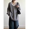 New Korean Fashion Lace Patchwork Pullover Loose Sweater Women Knitted Casual Versatile Tops Autumn and Winter V Neck Long Sleeve Solid Color Clothes