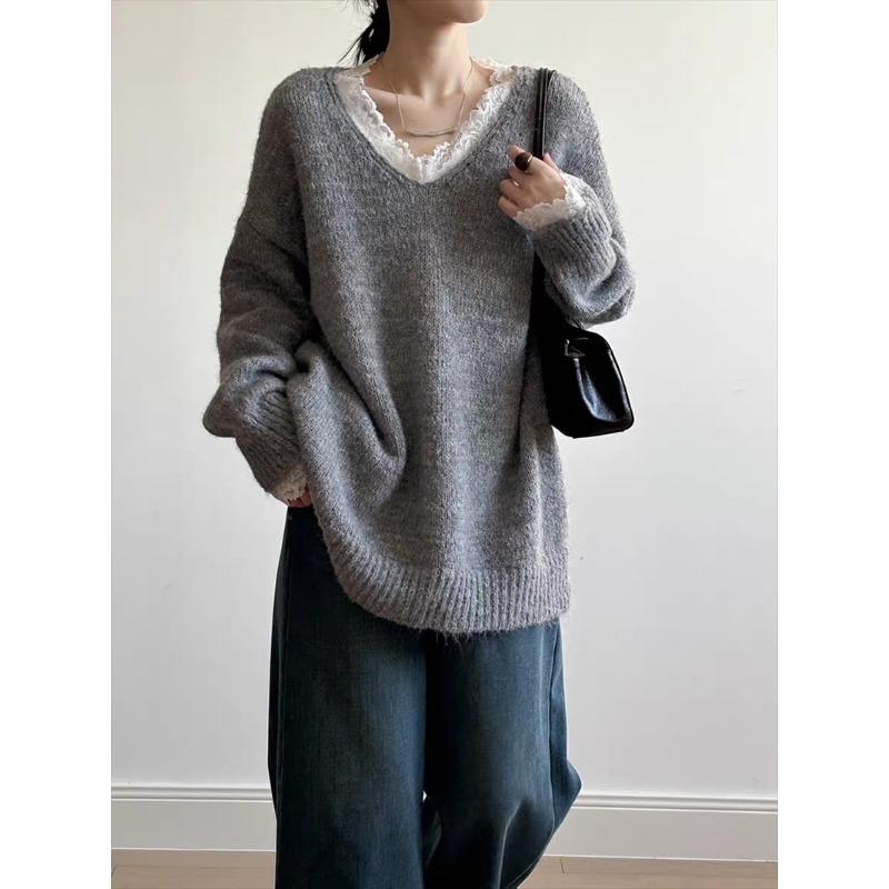 New Korean Fashion Lace Patchwork Pullover Loose Sweater Women Knitted Casual Versatile Tops Autumn and Winter V Neck Long Sleeve Solid Color Clothes