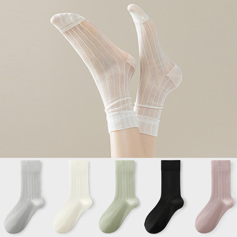 Pinfree embroidery punching see-through women s mid-calf socks (5 colors) white