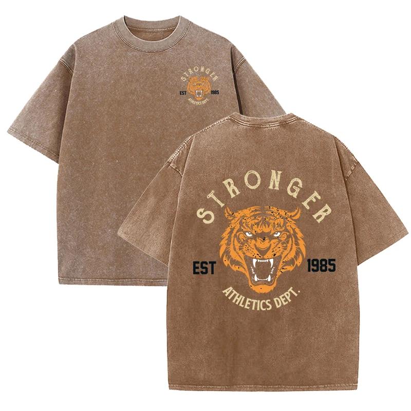 Stärkerer Tiger Sport Print Wasch T-Shirt Damen Sommer Bequem Gewaschenes Tee Lässige Kurzkleidung Weiche Baumwolle Unisex Kleidung