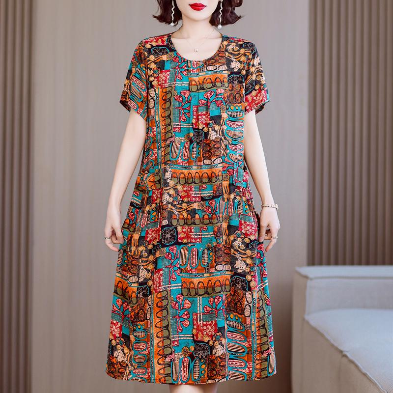 Plus Size Summer Woman Dress Vintage Short Sleeve Print Female Loose Casual Floral Dresses