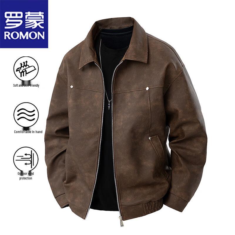 ROMON Men's Casual Lapel PU Leather Jacket