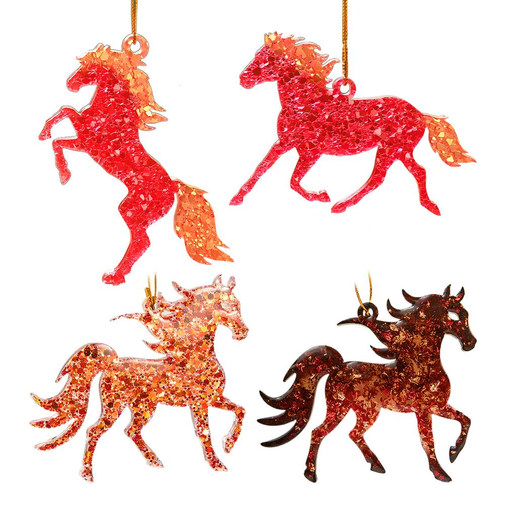 1/4Pcs Golden Flame Horse Christmas Ornament 2D Flat Christmas Horse Pendant Xmas Tree Hanging Pendent New Year Gifts Keychain
