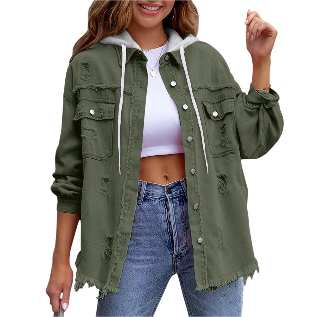 Women's Fashionable Casual Loose,fitting Distressed Patchwork Mid,length Denim Jacket