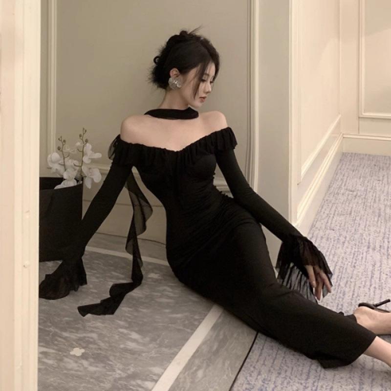 New black one-word shoulder dress women s spring and autumn senior sexy hip-wrapped dress dress S
