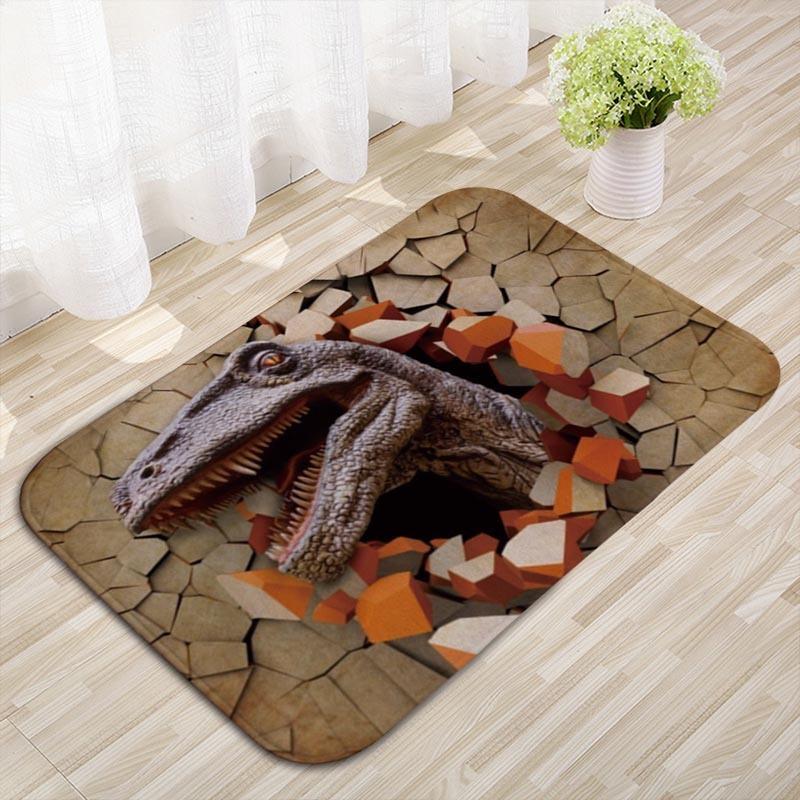 

Fun 2D Dinosaur Welcome Mat Cool T-Rex Bursting Through Stone Floor Visual Effect Non-Slip Carpet Dinosaur Themed Floor Rug 40x60cm