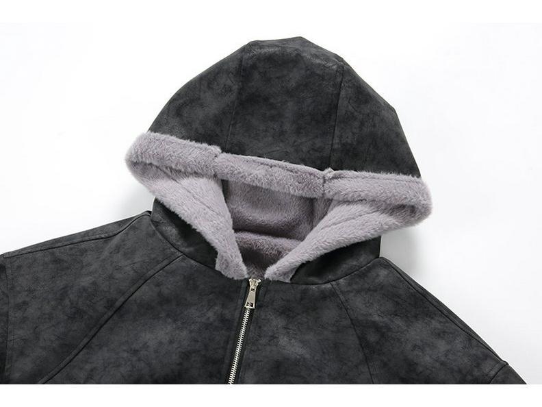 Zuo Shan Diao Winter Leather Jacket with Fur Collar - Couple Style, Plush Velvet, Thickened Cotton, Lychee Pattern