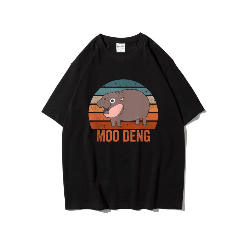 Fun Printed Moo Deng Bouncing Pig Casual T Shirts Trend Loose Cotton Short Sleeved Round Neck Top